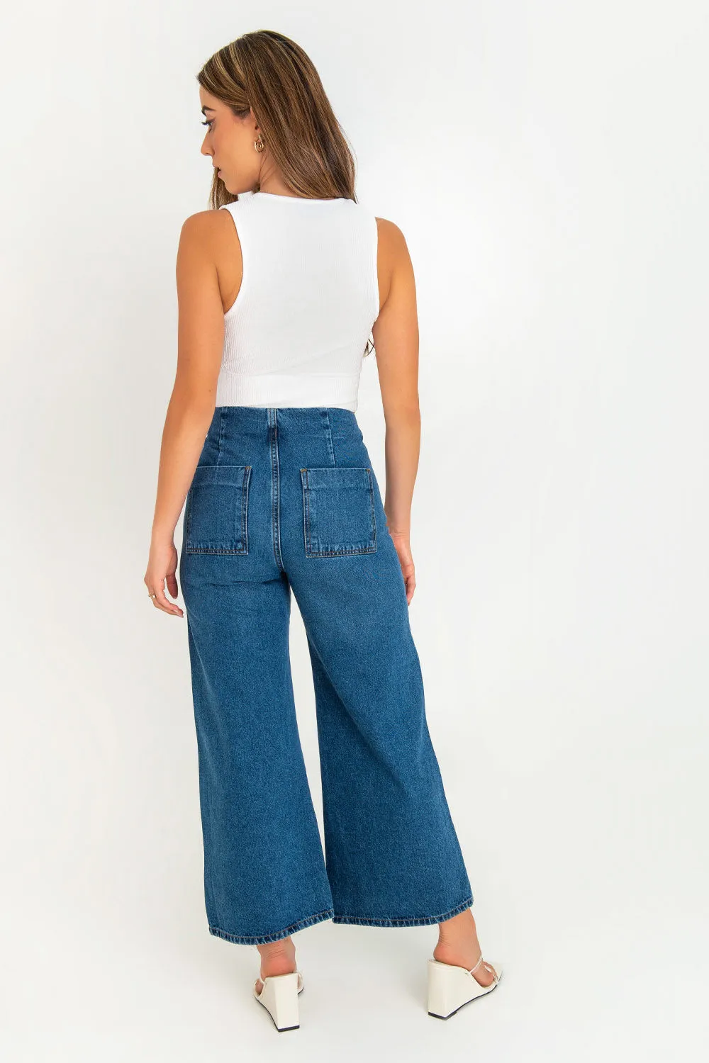 Pantalón marinero denim fit culotte con botones