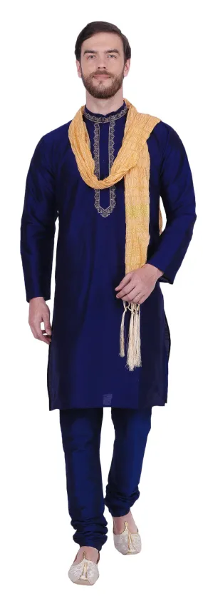 Party Wear Dupion Silk Men's Kurta Pyjama with Scarf Indian Clothes (Blue)