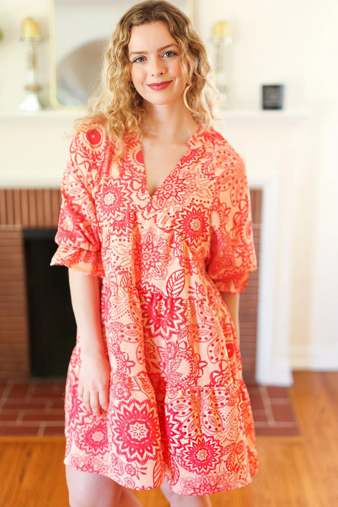 Peach & Coral Boho Floral V Neck Dress