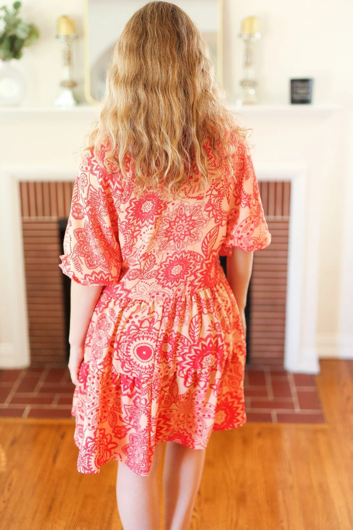 Peach & Coral Boho Floral V Neck Dress