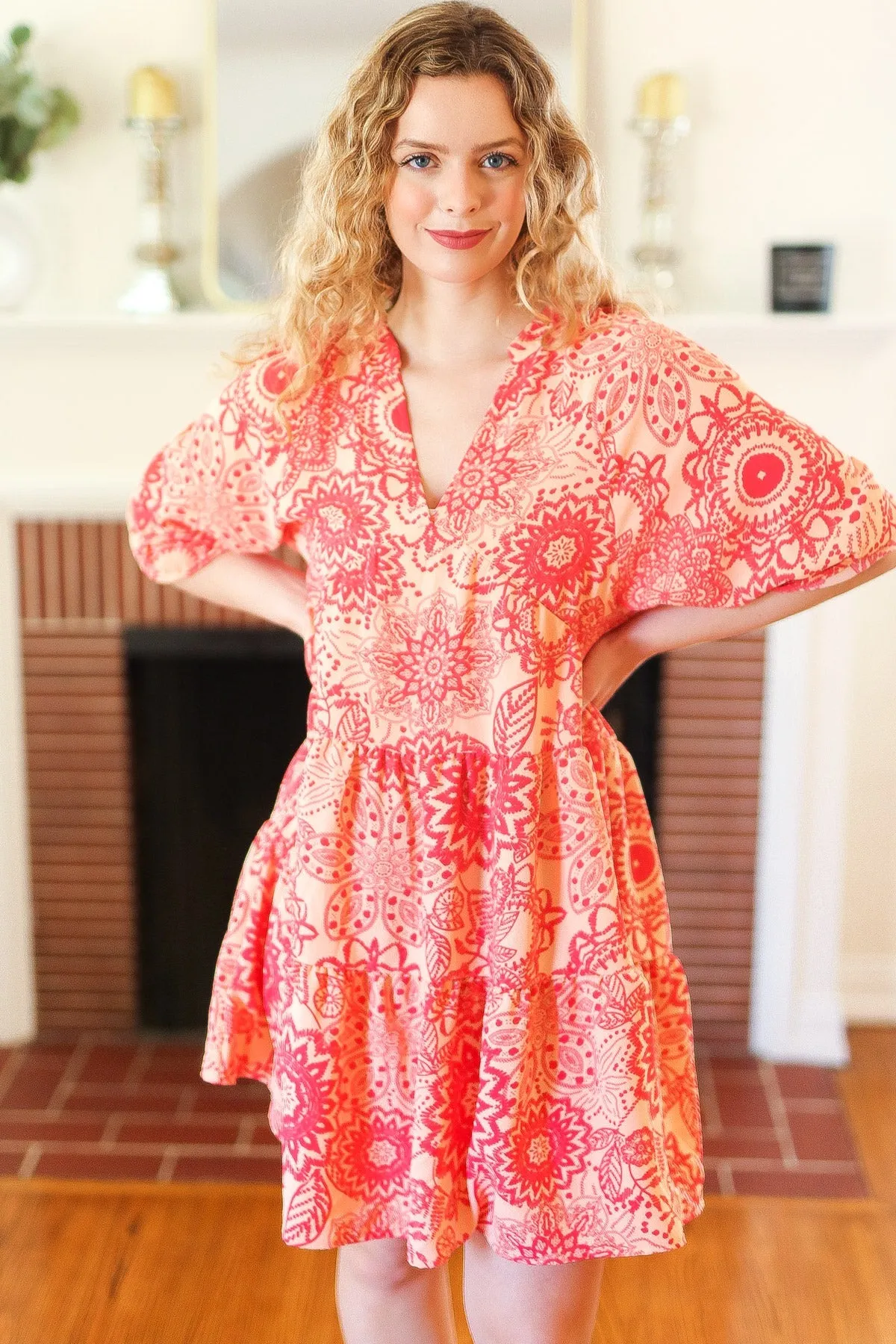 Peach & Coral Boho Floral V Neck Dress