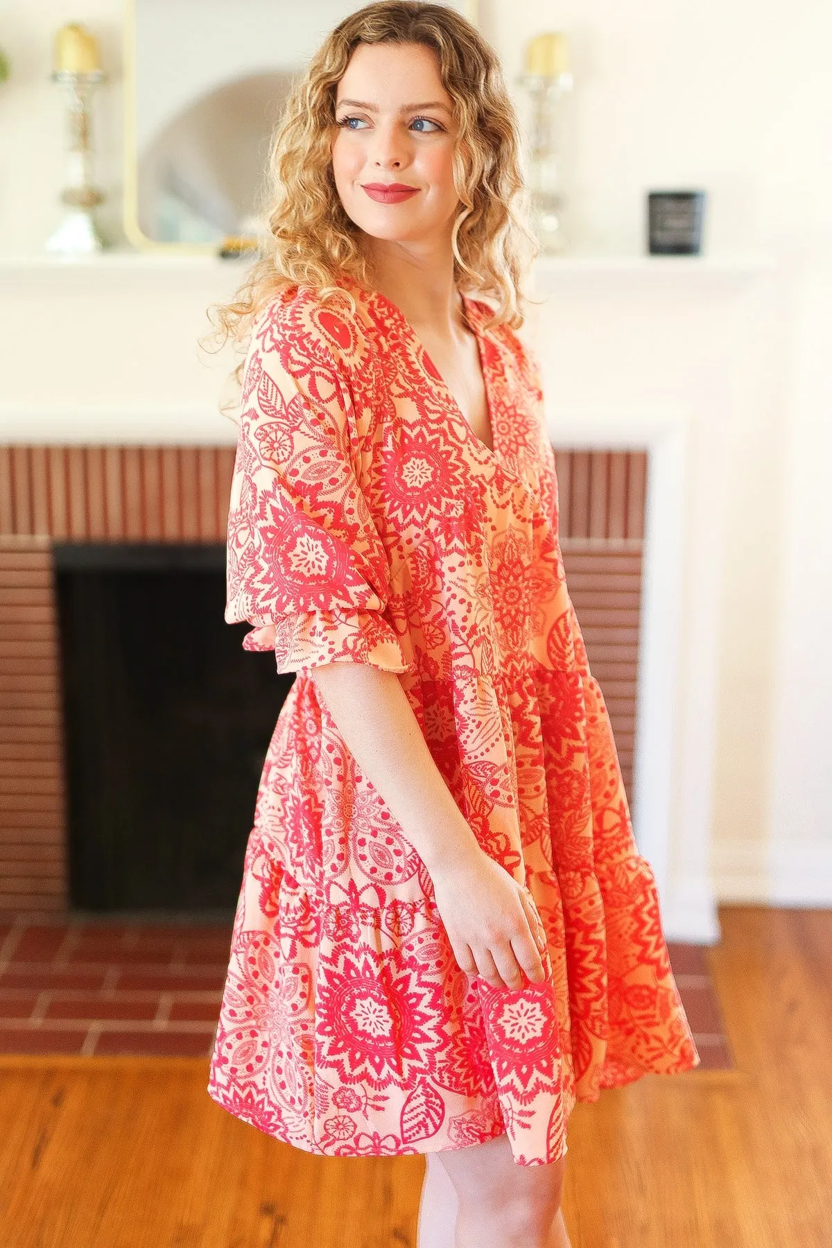 Peach & Coral Boho Floral V Neck Dress