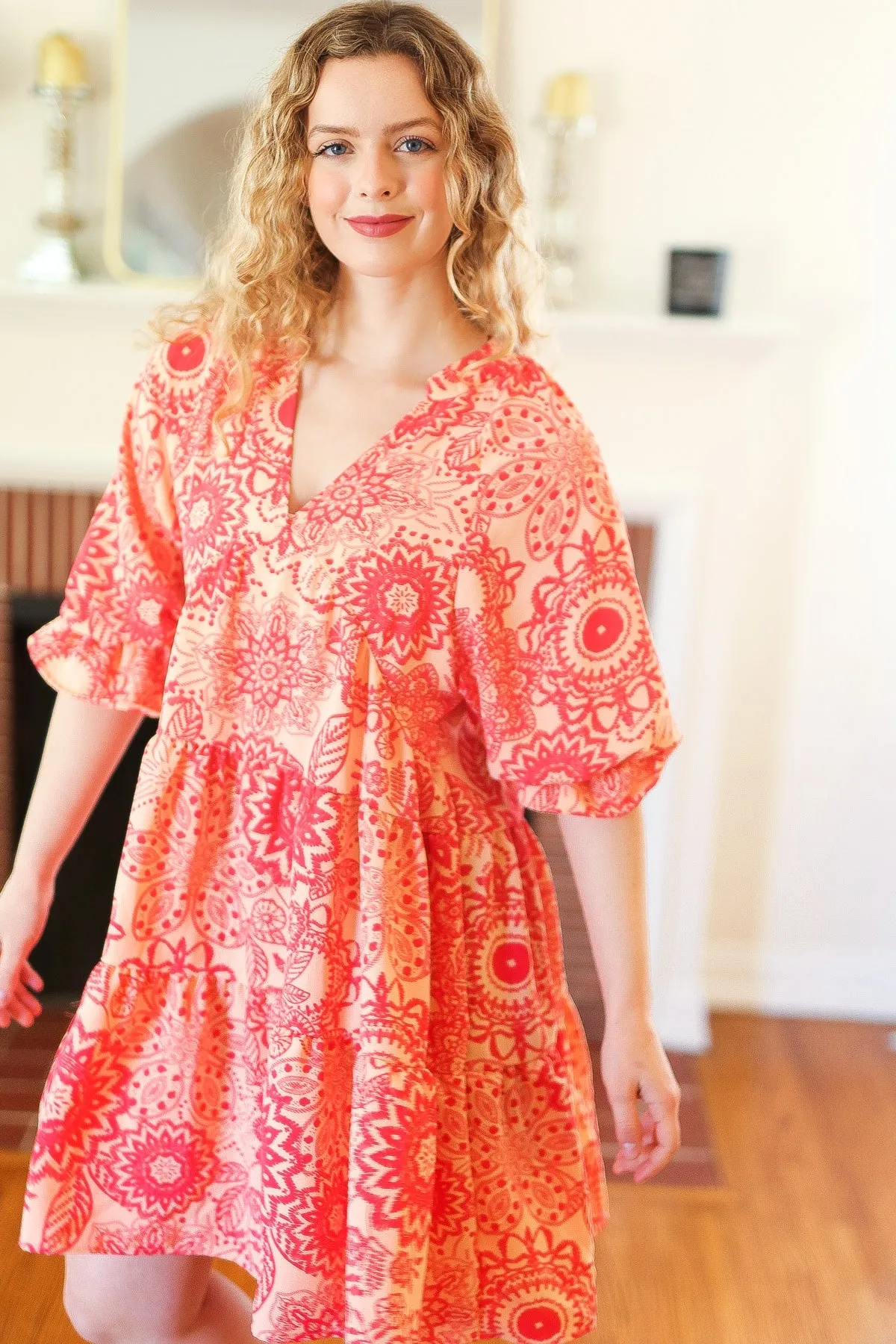 Peach & Coral Boho Floral V Neck Dress