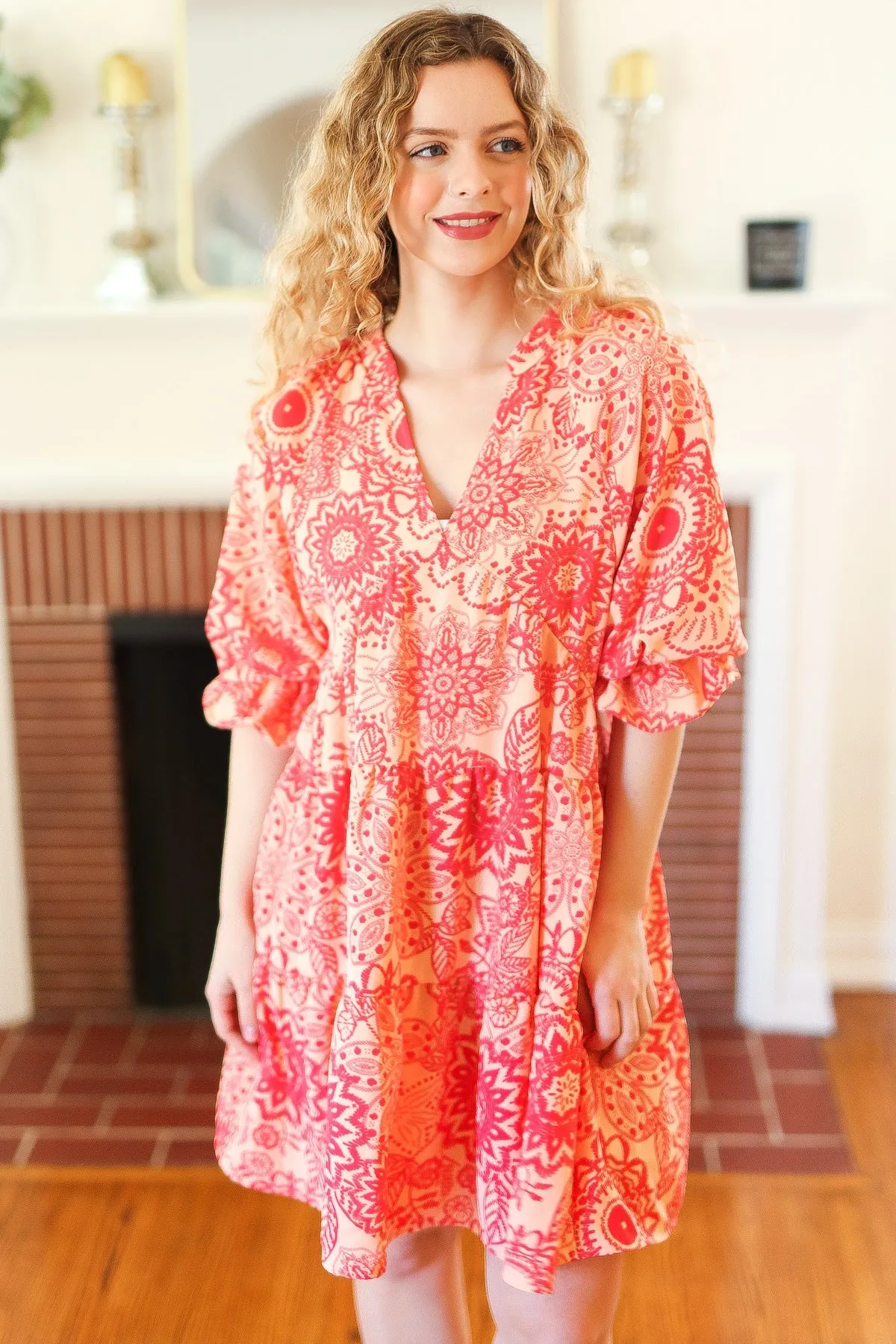 Peach & Coral Boho Floral V Neck Dress