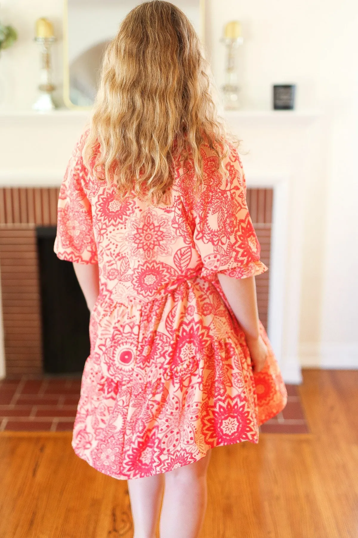 Peach & Coral Boho Floral V Neck Dress