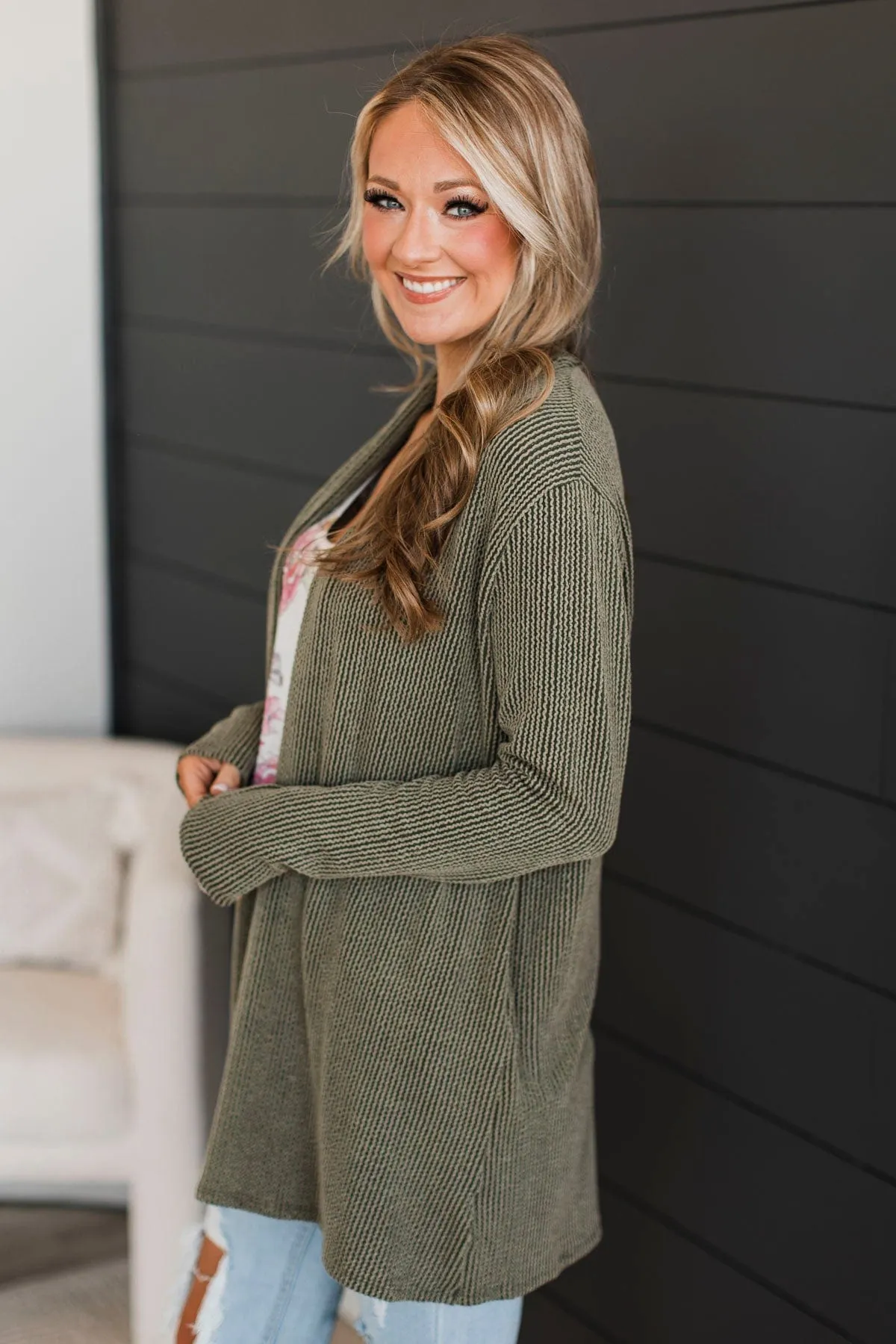 Protect My Heart Ribbed Cardigan- Olive