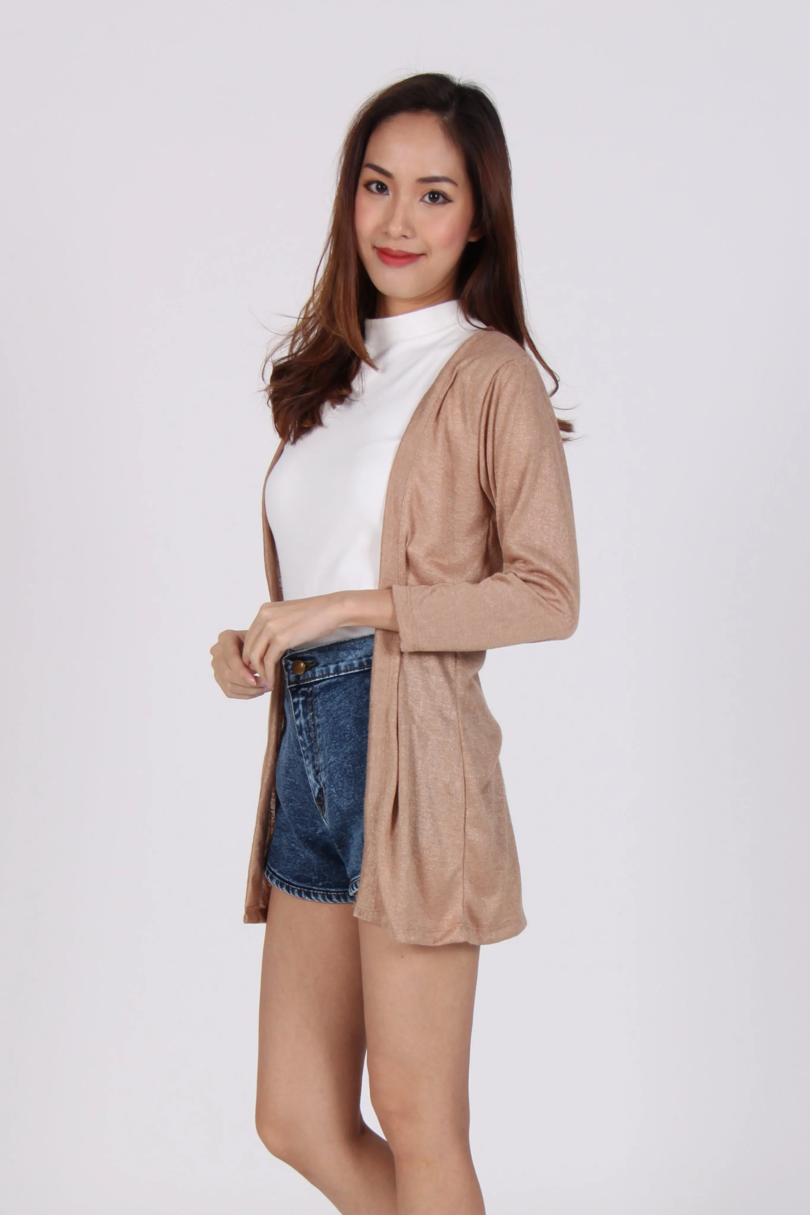 Quarter Sleeve Knit Cardigan In Beige