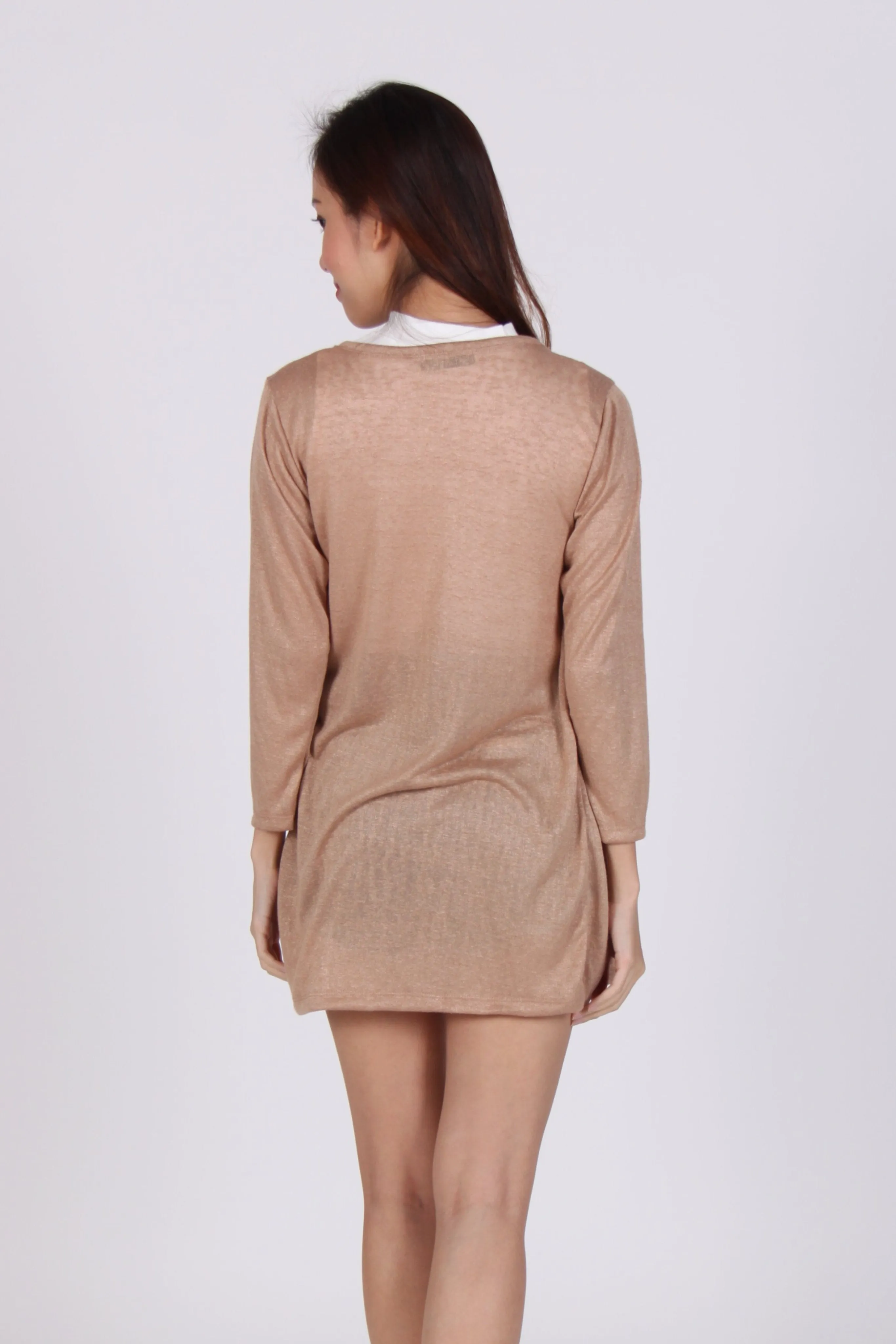 Quarter Sleeve Knit Cardigan In Beige