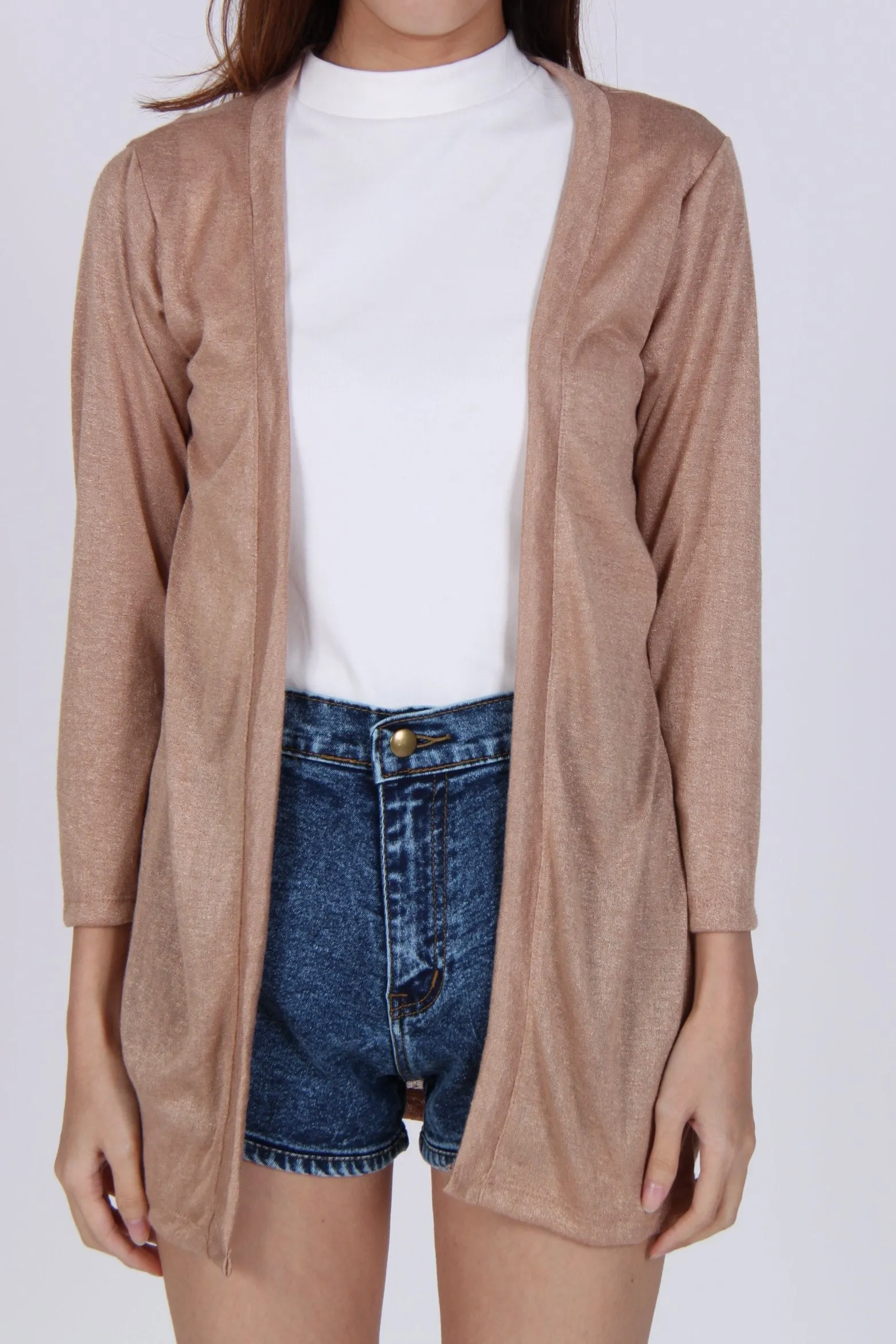 Quarter Sleeve Knit Cardigan In Beige