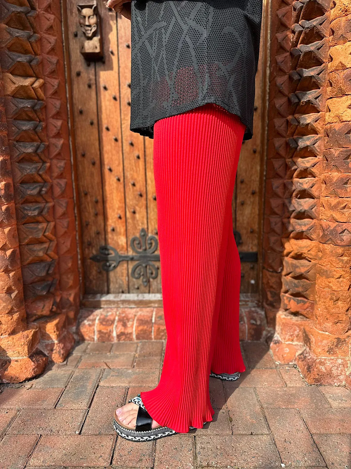 Red Pleated Wide Leg Ruffle Trousers