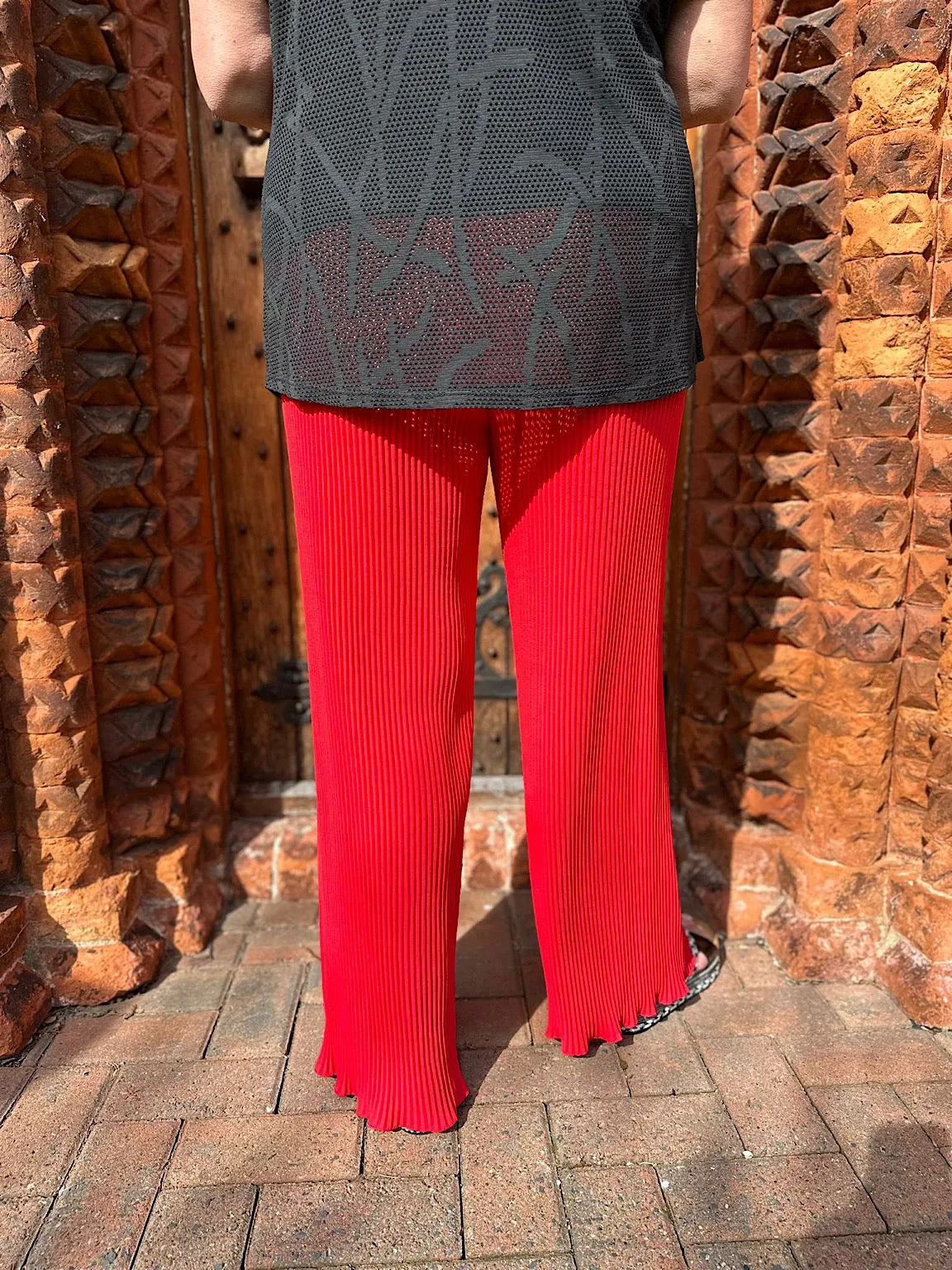 Red Pleated Wide Leg Ruffle Trousers