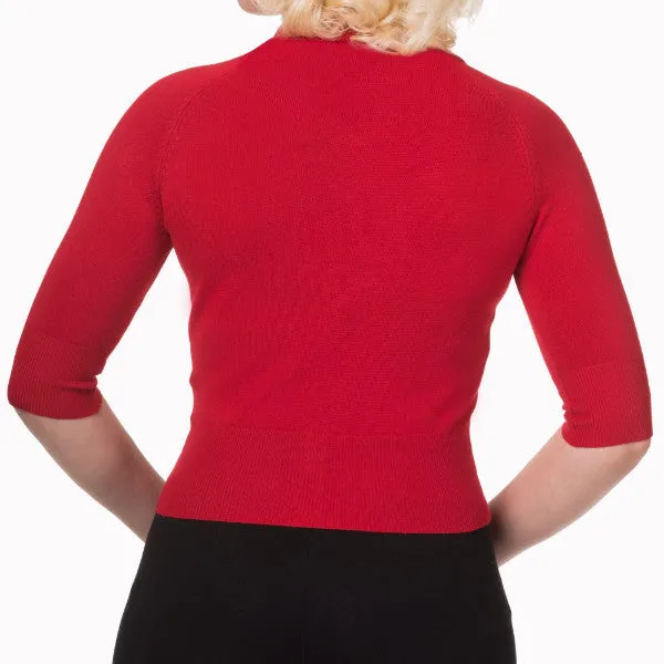 Red Short Sleeve Crop Collar Cardigan