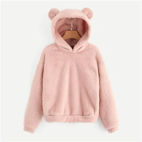 SHEIN Preppy Lovely With Bears Ears Solid Teddy Hoodie Pullovers Sweatshirt Autumn Women Campus Casual Sweatshirts