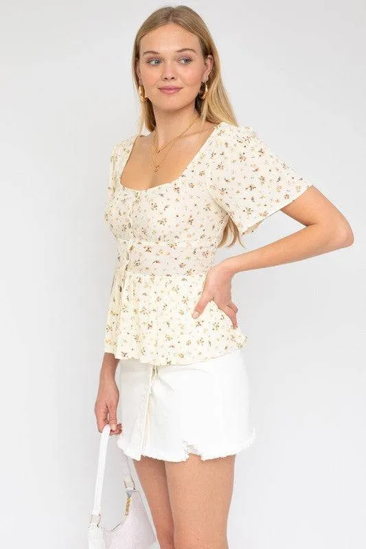 SHORT SLEEVE BUTTON DOWN BACK SMOCKING DITSY PRINT TOP