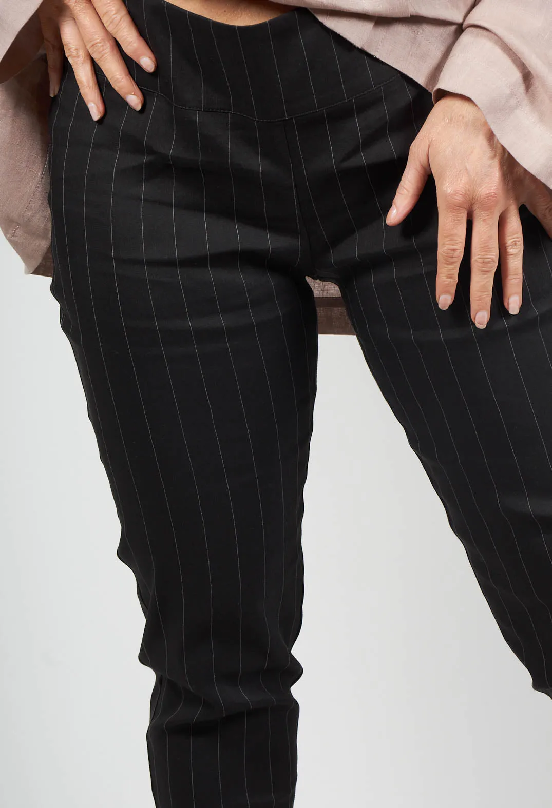 Slim Fit Pinstripe Trousers in Black