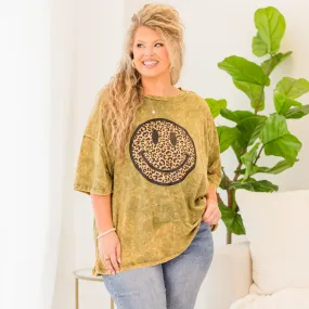 Smiley Face Acid Wash Boyfriend Tee, Golden Olive