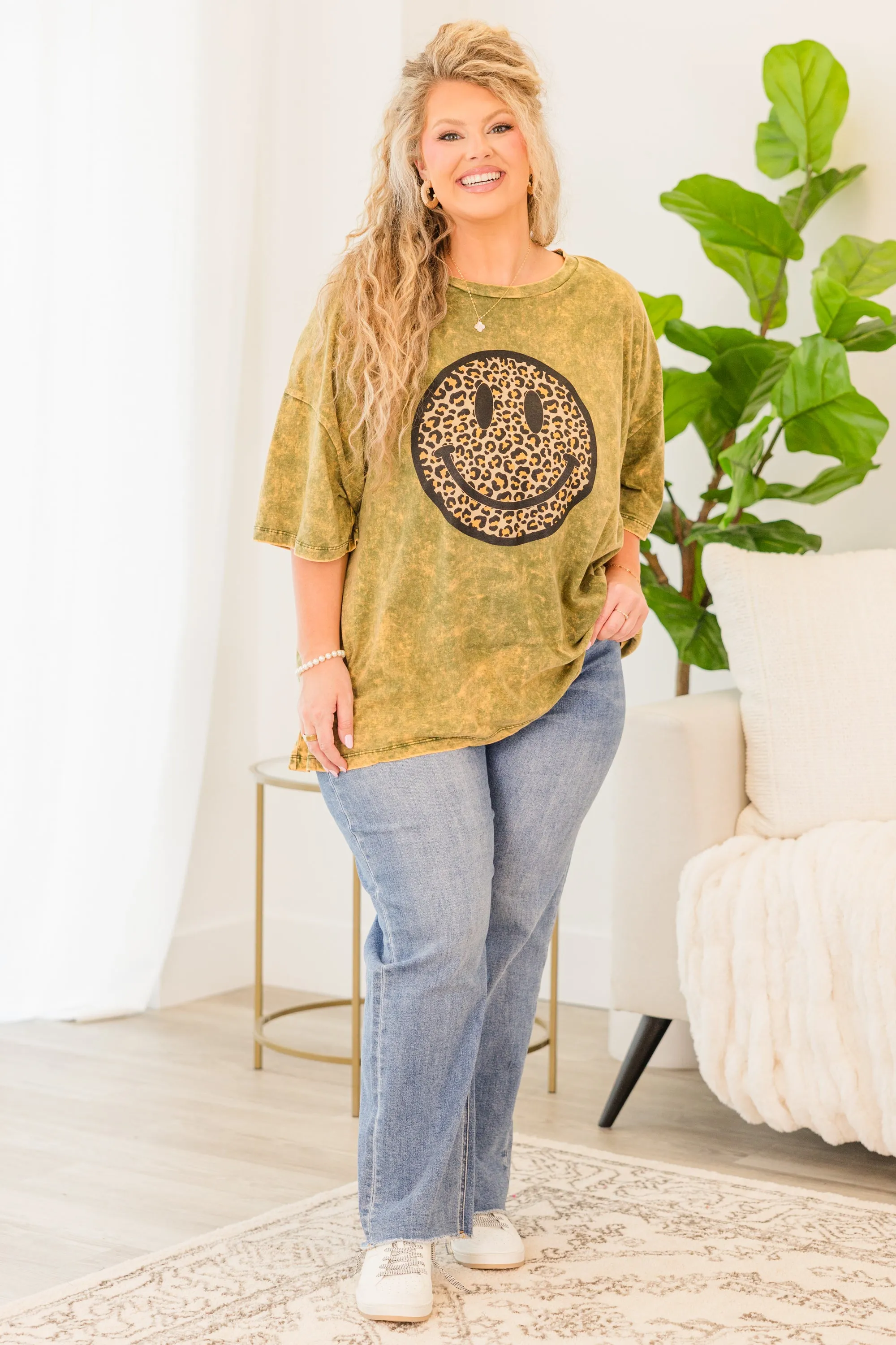 Smiley Face Acid Wash Boyfriend Tee, Golden Olive