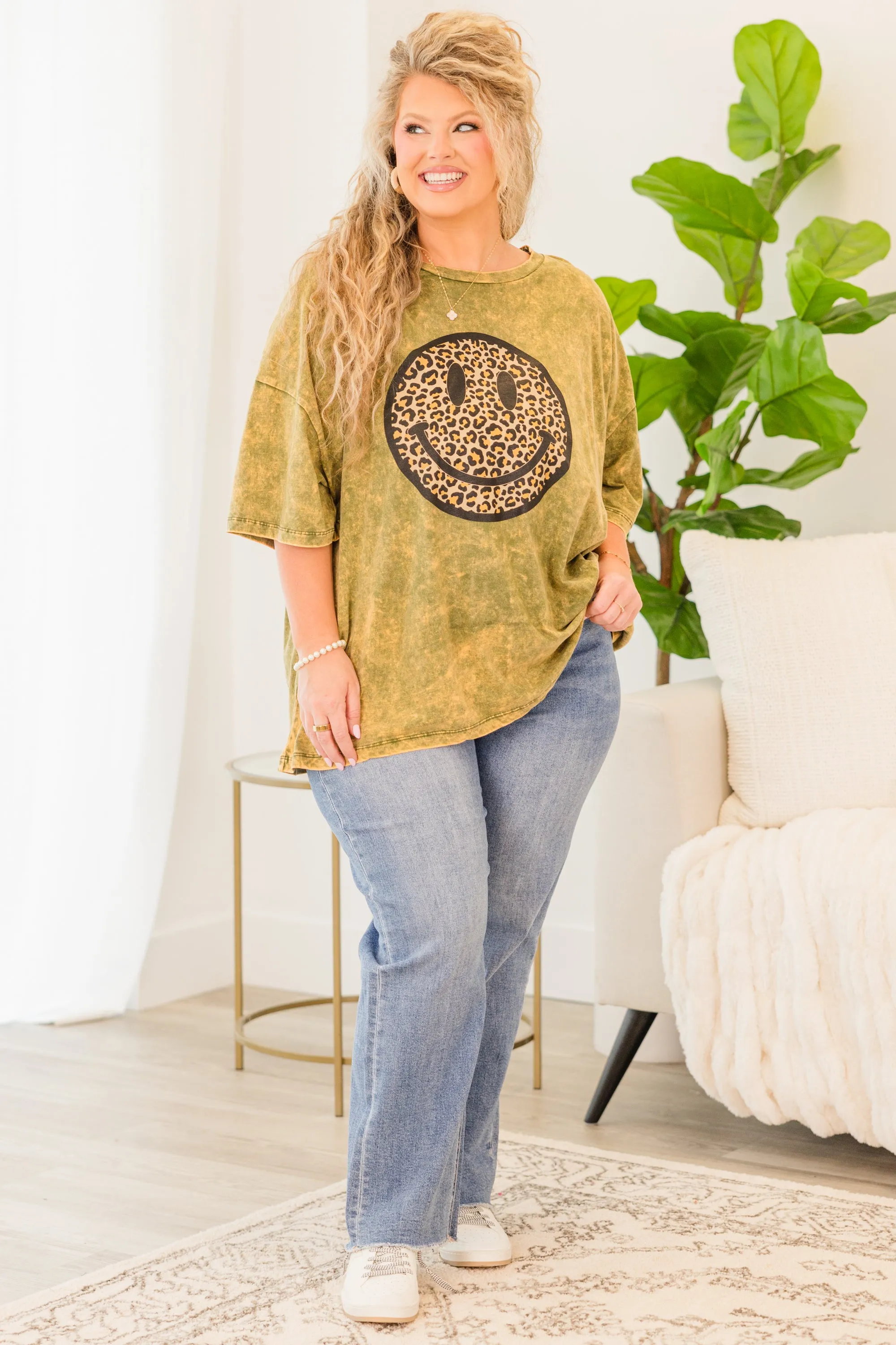 Smiley Face Acid Wash Boyfriend Tee, Golden Olive