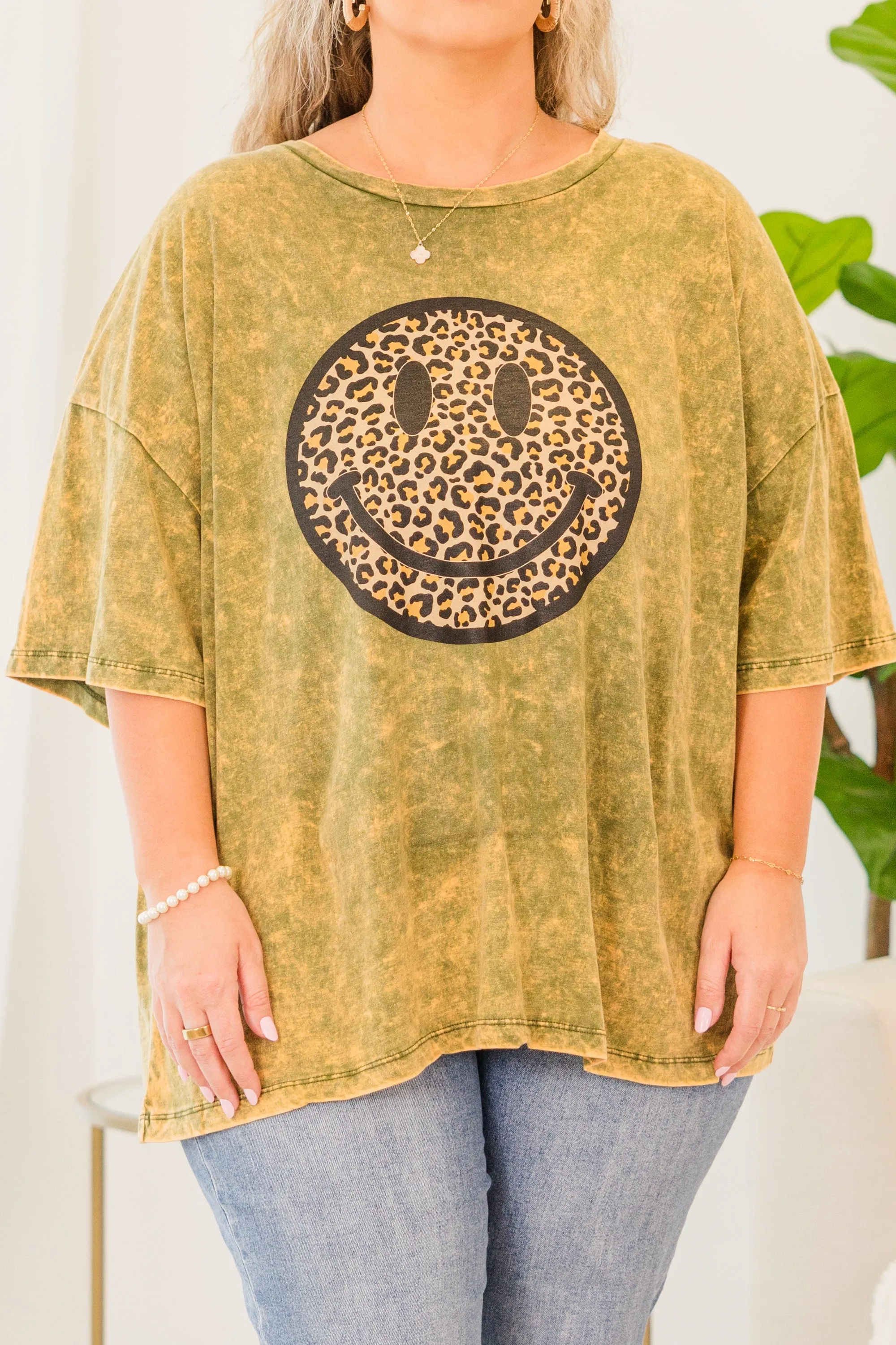 Smiley Face Acid Wash Boyfriend Tee, Golden Olive