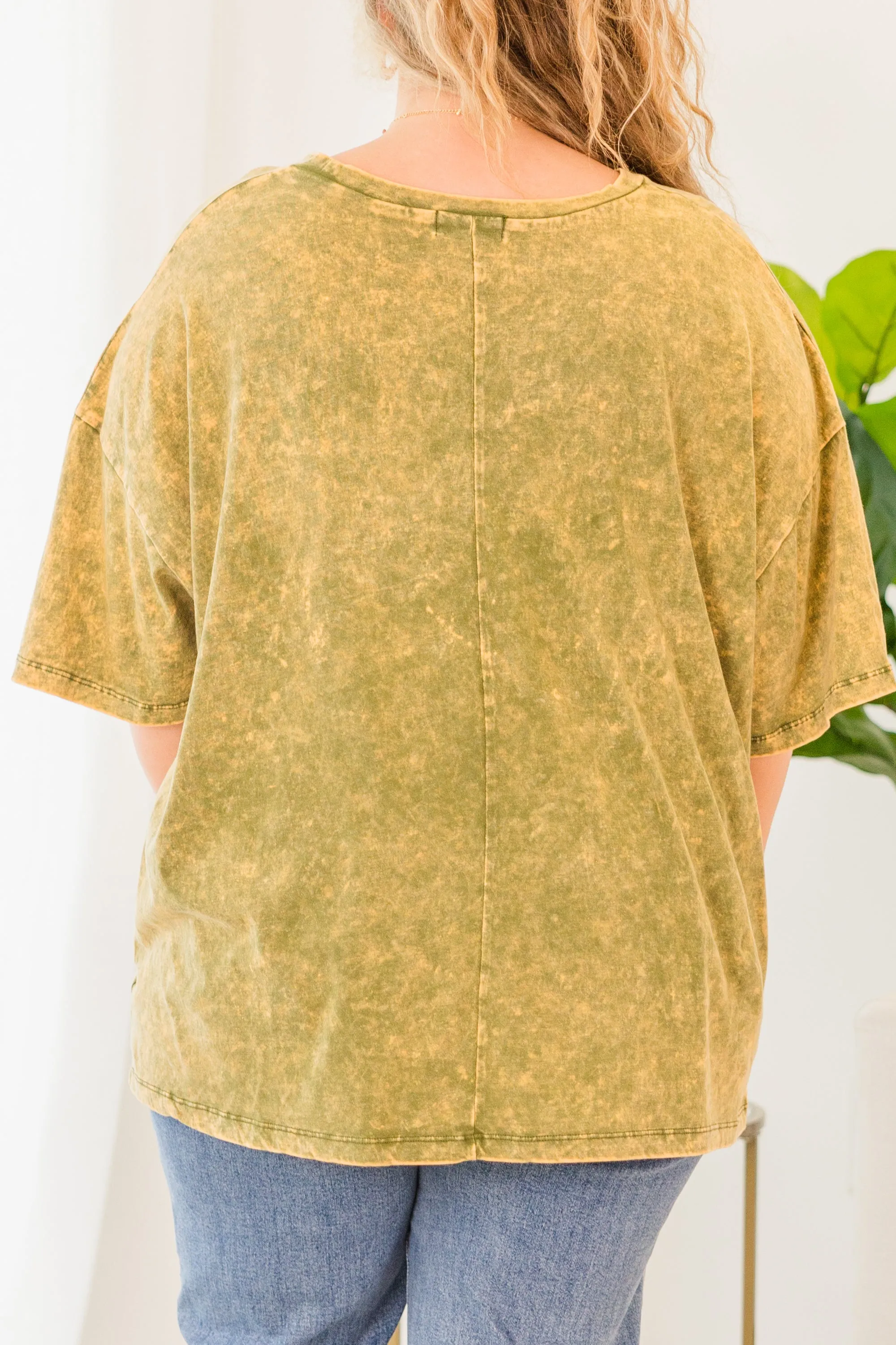 Smiley Face Acid Wash Boyfriend Tee, Golden Olive