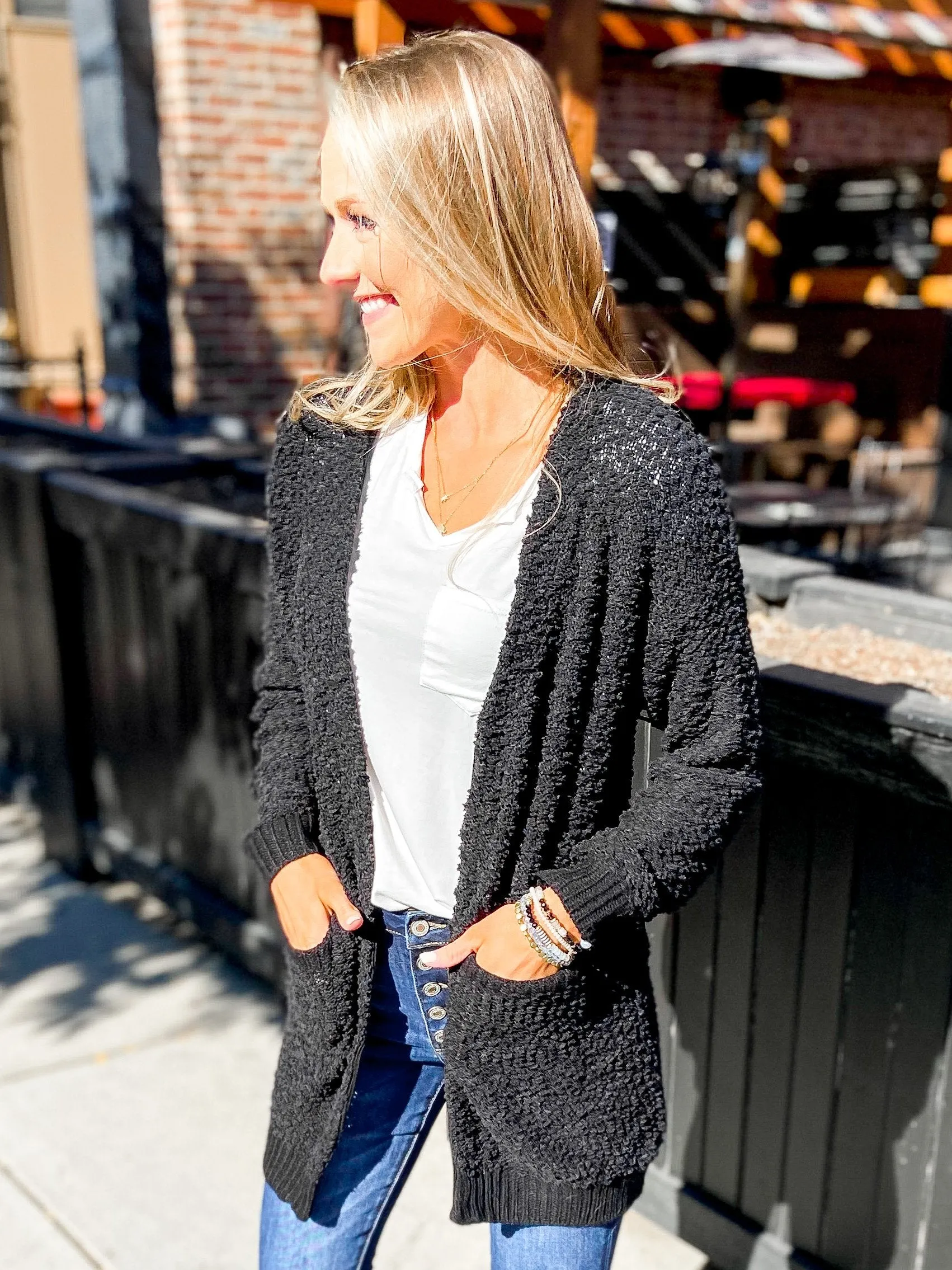 Stealing Glances Popcorn Knit Cardigan- Black