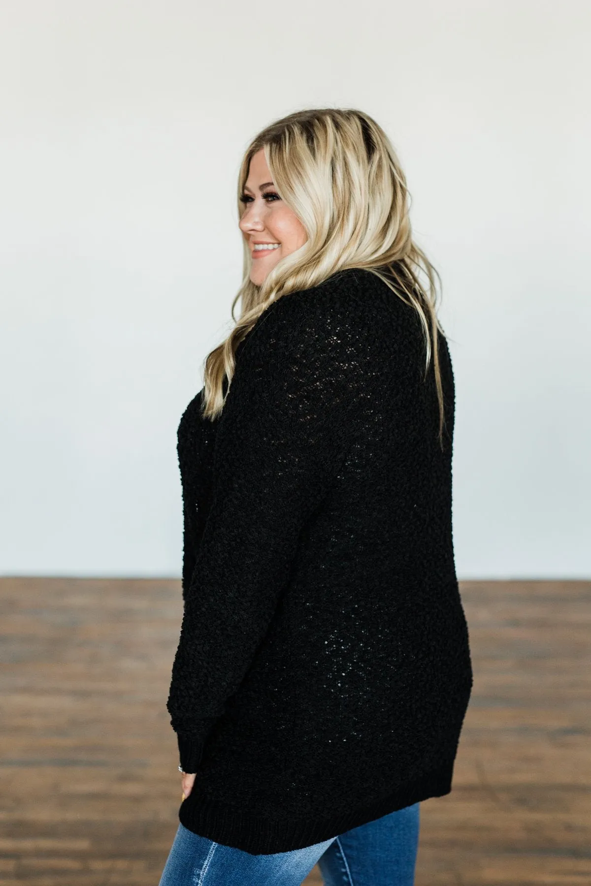 Stealing Glances Popcorn Knit Cardigan- Black