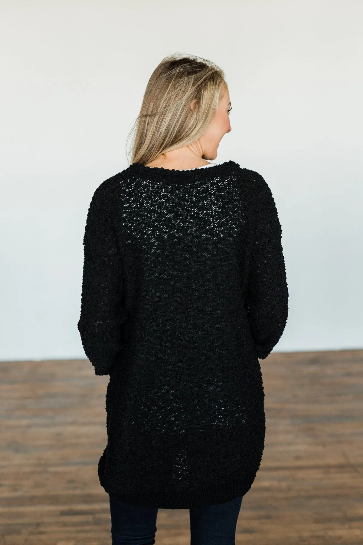 Stealing Glances Popcorn Knit Cardigan- Black