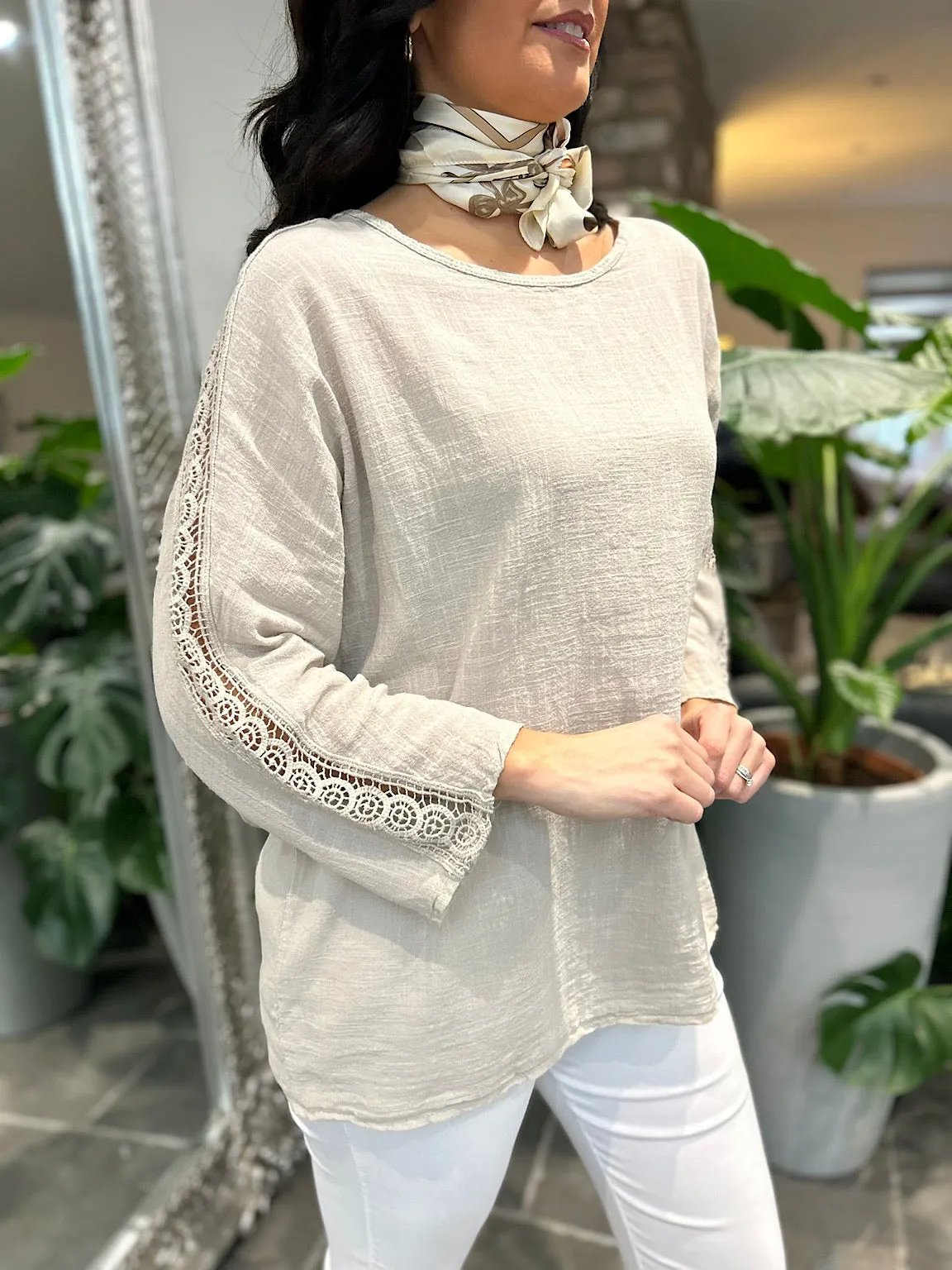 Stone Crochet Sleeve Lightweight Top Cleo