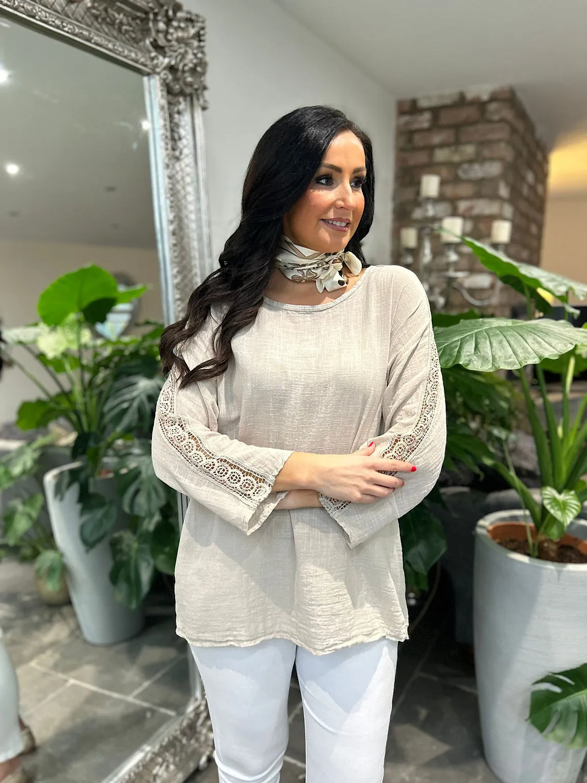 Stone Crochet Sleeve Lightweight Top Cleo