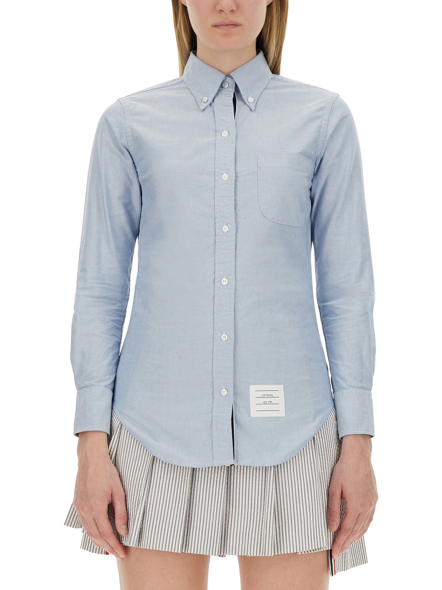 THOM BROWNE    COTTON BUTTON DOWN SHIRT WITH LOGO PATCH