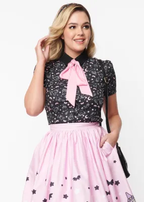 Unique Vintage Pusheen Halloween Bow 40's Blouse Black Pink