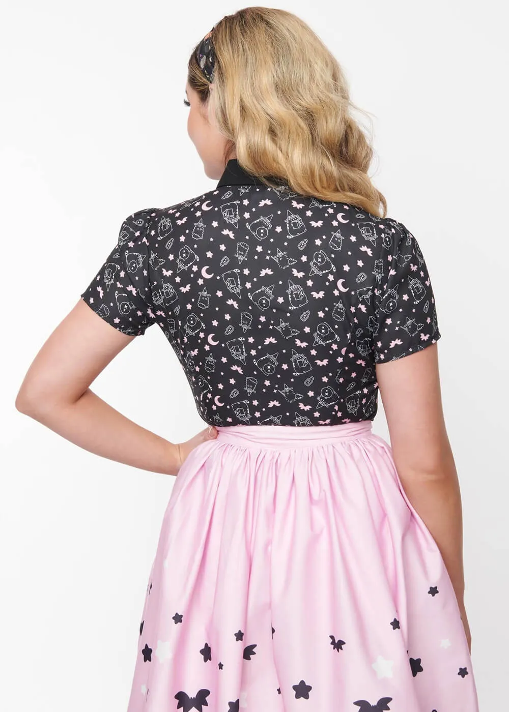 Unique Vintage Pusheen Halloween Bow 40's Blouse Black Pink