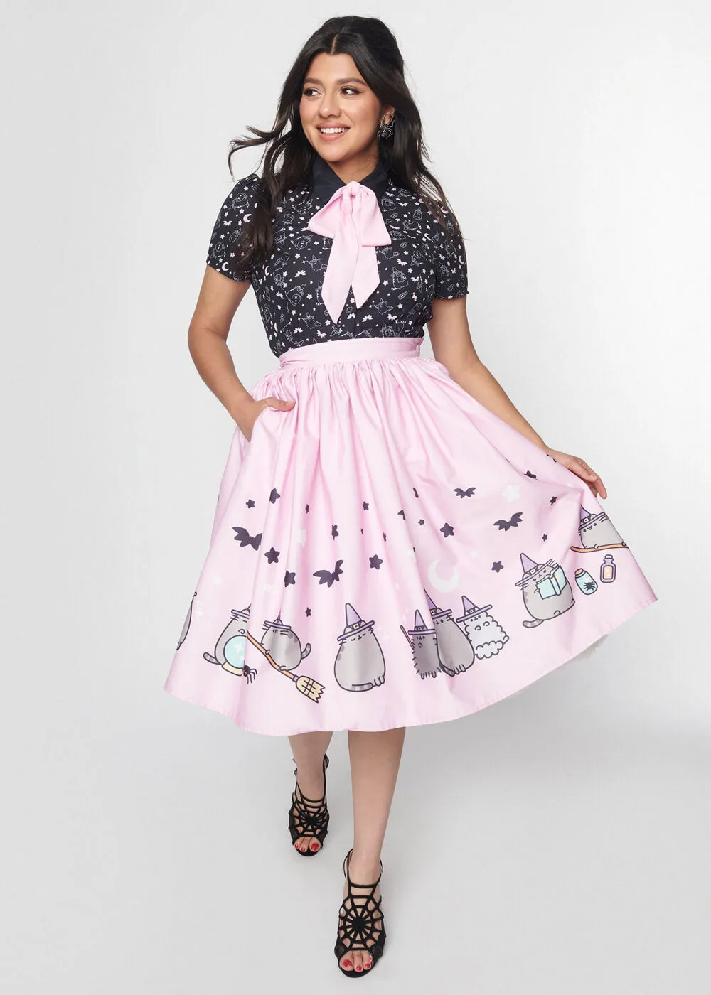 Unique Vintage Pusheen Halloween Bow 40's Blouse Black Pink