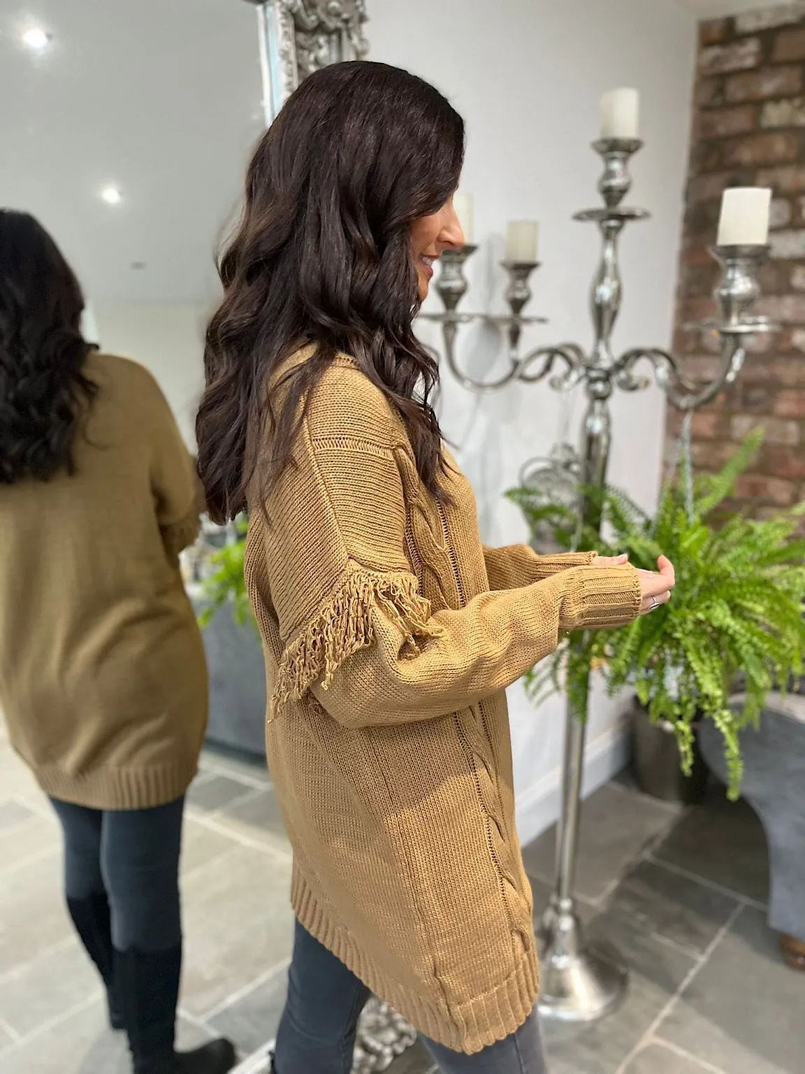 V-Neck Tassel Sleeve Knit Jumper Sandy