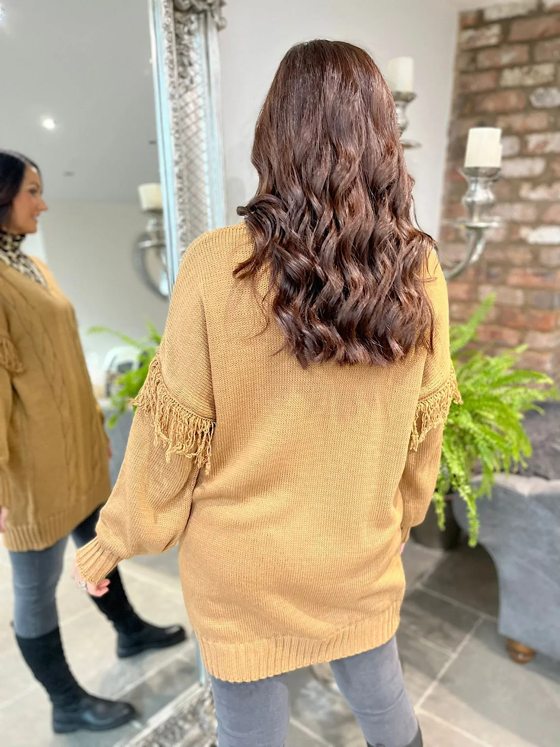 V-Neck Tassel Sleeve Knit Jumper Sandy