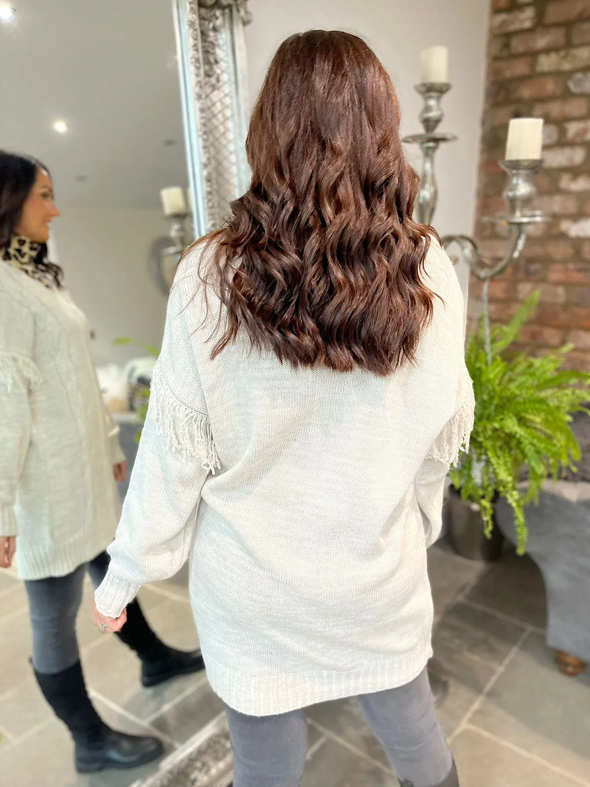 V-Neck Tassel Sleeve Knit Jumper Sandy