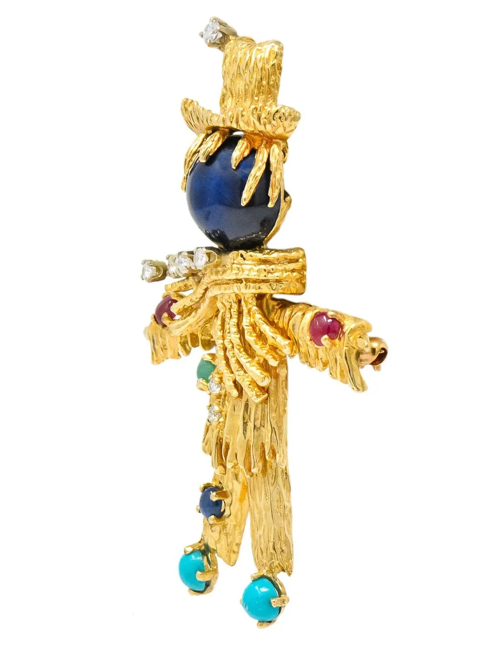 Vintage Diamond Sapphire Ruby Multi-Gem 14 Karat Gold Scarecrow Brooch