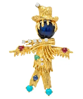 Vintage Diamond Sapphire Ruby Multi-Gem 14 Karat Gold Scarecrow Brooch