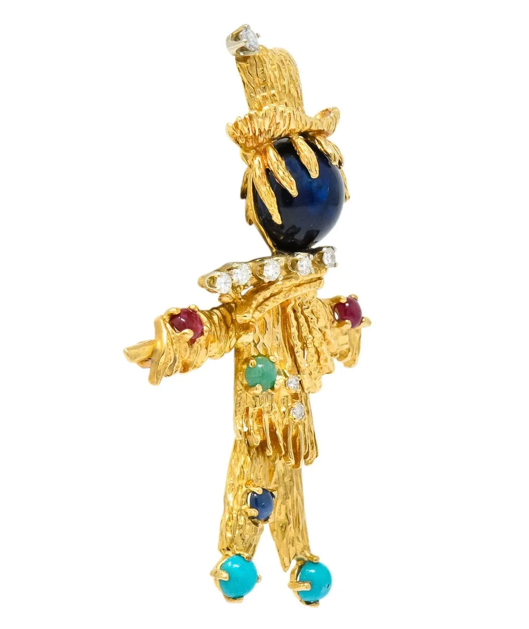 Vintage Diamond Sapphire Ruby Multi-Gem 14 Karat Gold Scarecrow Brooch