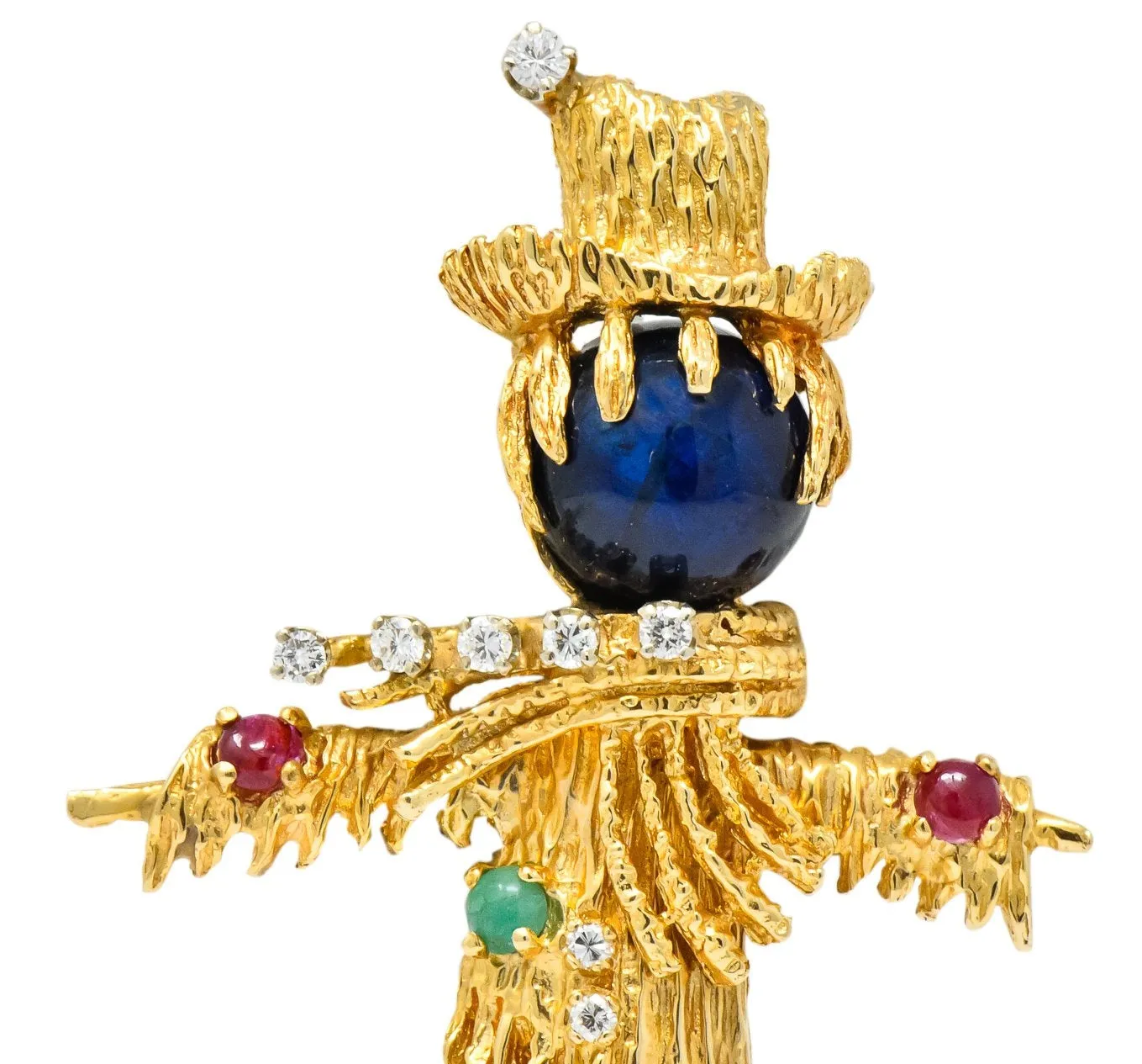 Vintage Diamond Sapphire Ruby Multi-Gem 14 Karat Gold Scarecrow Brooch