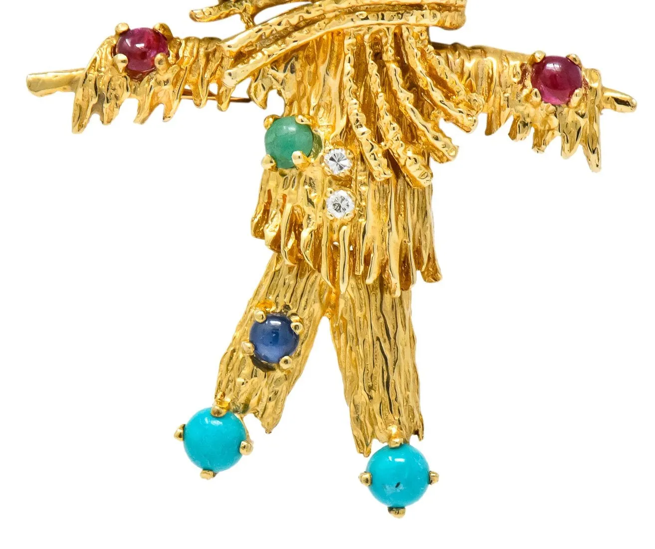 Vintage Diamond Sapphire Ruby Multi-Gem 14 Karat Gold Scarecrow Brooch