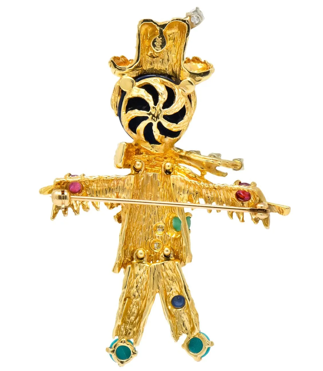 Vintage Diamond Sapphire Ruby Multi-Gem 14 Karat Gold Scarecrow Brooch