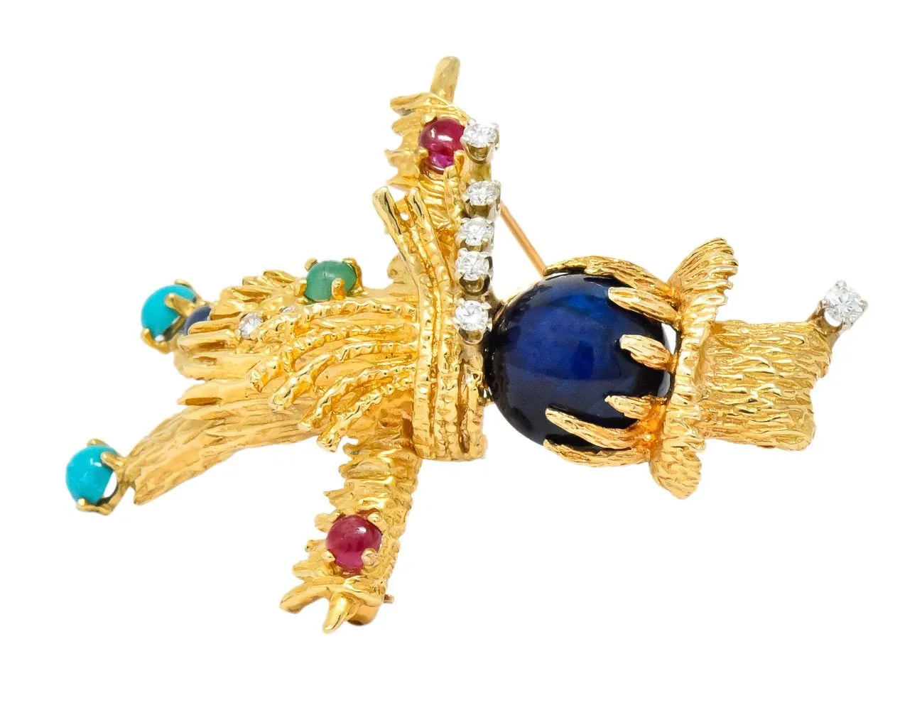 Vintage Diamond Sapphire Ruby Multi-Gem 14 Karat Gold Scarecrow Brooch