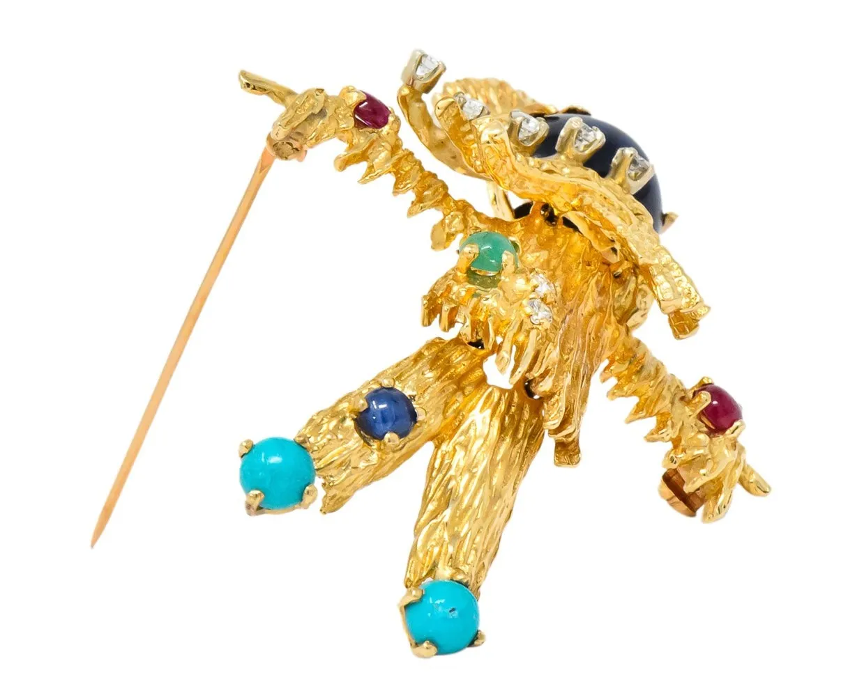 Vintage Diamond Sapphire Ruby Multi-Gem 14 Karat Gold Scarecrow Brooch