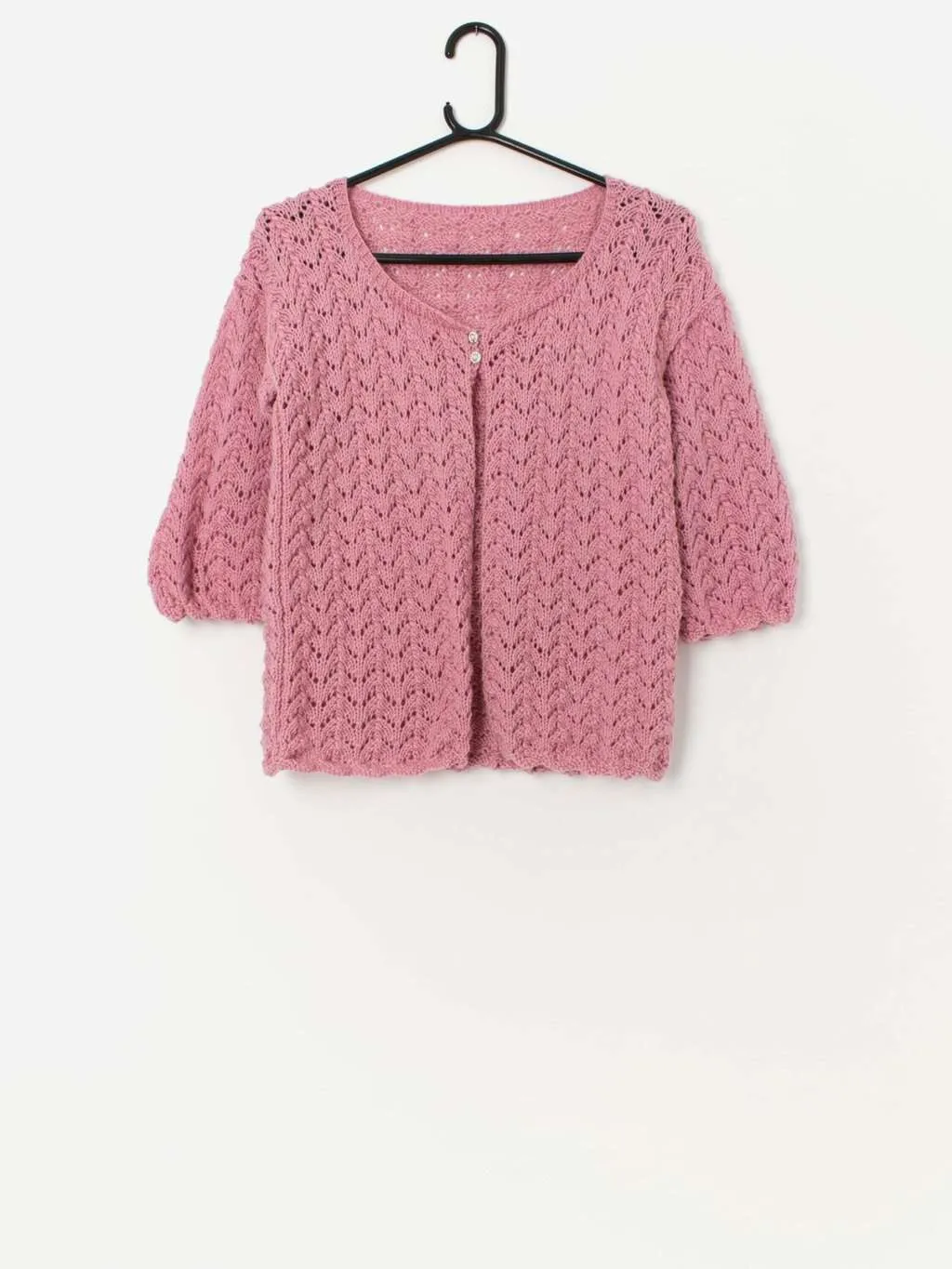 Vintage handknitted pink cardigan with three quarter sleeves – Small