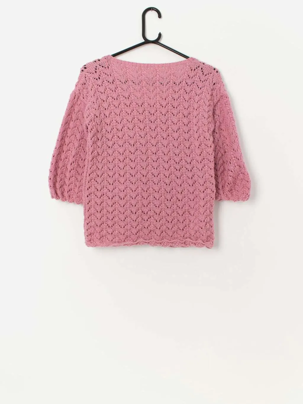 Vintage handknitted pink cardigan with three quarter sleeves – Small