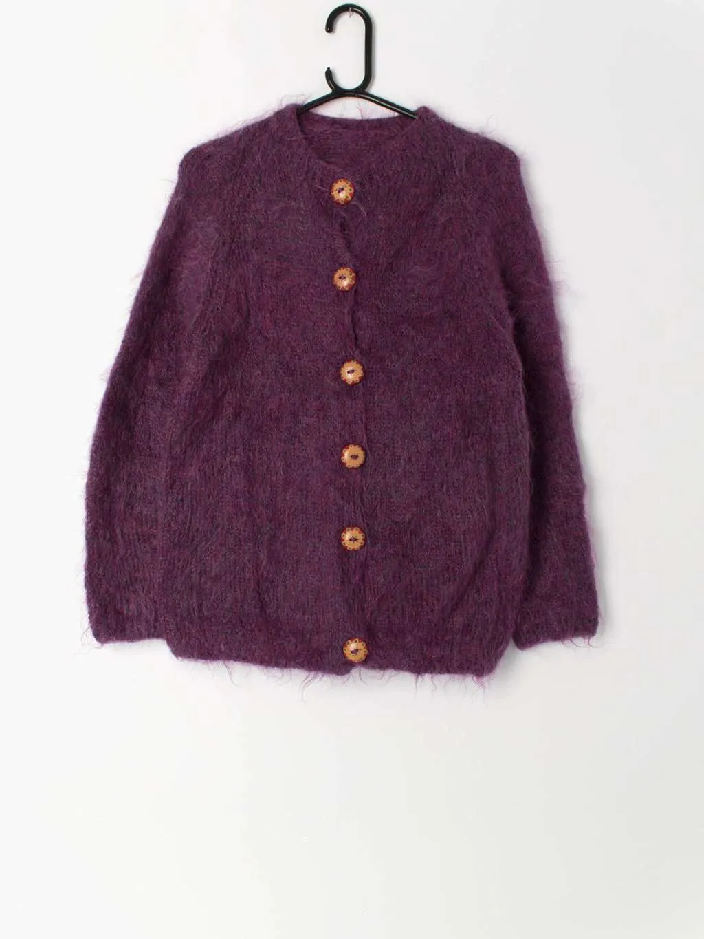 Vintage purple mohair cardigan with hand painted wooden buttons – Small