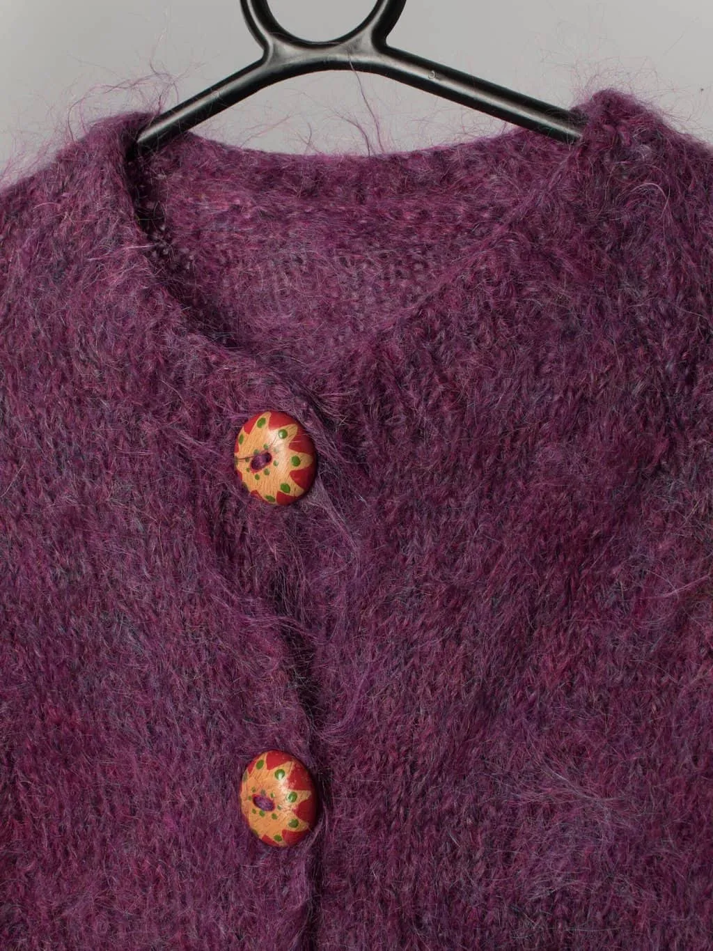 Vintage purple mohair cardigan with hand painted wooden buttons – Small