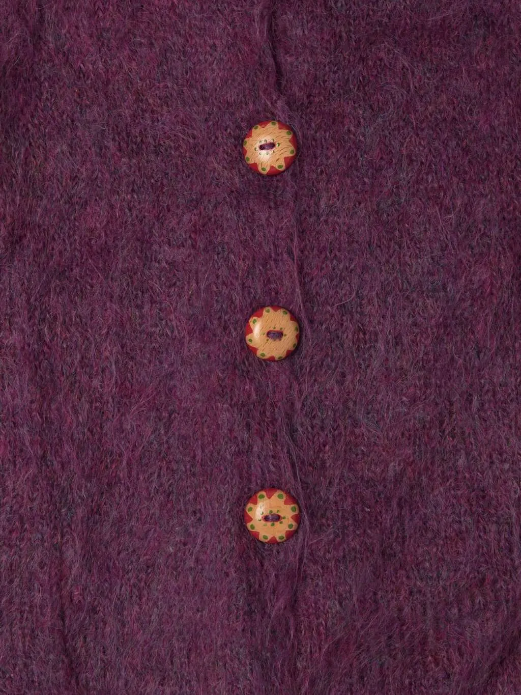 Vintage purple mohair cardigan with hand painted wooden buttons – Small