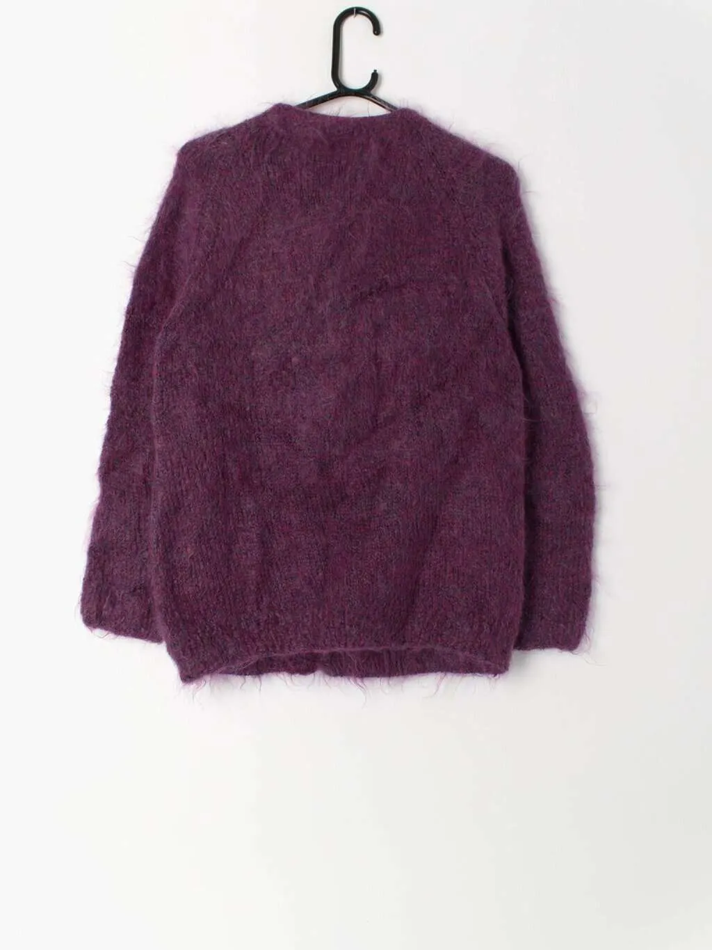 Vintage purple mohair cardigan with hand painted wooden buttons – Small